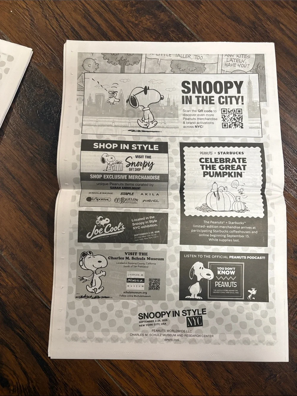 Peanuts Snoopy In Style NYC PopUp 09/2/26-09/26/26 Newspaper (pack of 4)